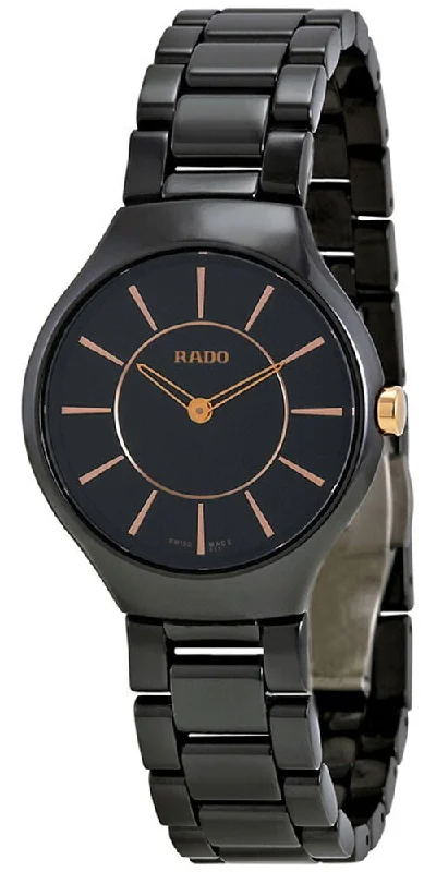 luxury watches with fine craftsmanship for women -Rado True Thinline Black Ceramic Black Dial Quartz Womens Watch R27742152