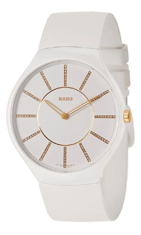 waterproof watches for men with high depth resistance -Rado True Thinline White Ceramic Womens Watch Pin Buckle Clasp Diamonds Quartz R27957709