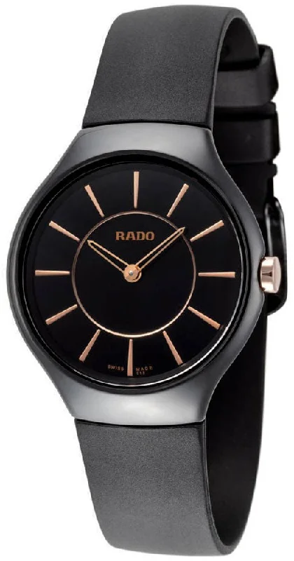 fitness tracking watches for women with pedometer -Rado Womens True Thinline R27742159 Analog Black Ceramic Case Rose Gold Hands Rubber Strap Swiss Quartz Watch