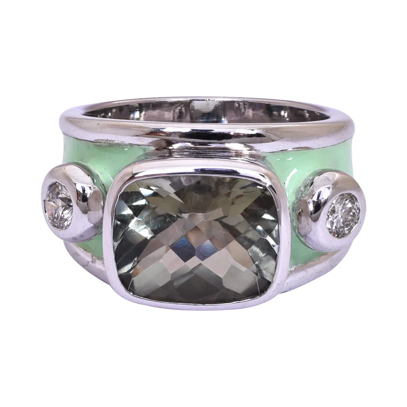 platinum wedding bands for men with diamonds-Repair - Ring - Green Quartz and Diamond (Enamel) in Sterling Silver (255JS)