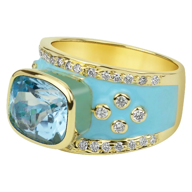 men’s rings with birthstones for wedding-Ring - Blue Topaz And Diamond (enamel) (2332G)