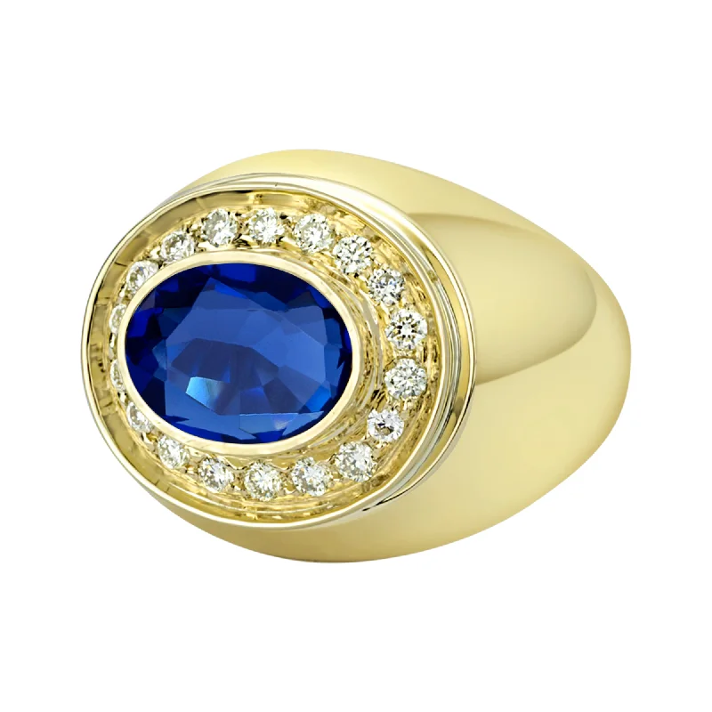 silver wedding rings for couples with sapphires-Ring - Blue Sapphire and Diamond in 18K Gold