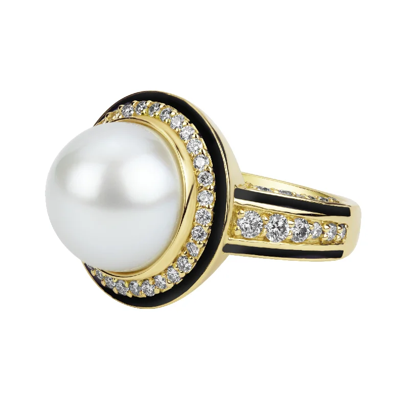 custom gold engagement rings for men-Ring - South Sea Pearl And Diamond (enamel) (2380C)