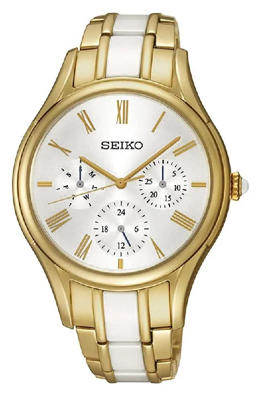 men’s watches with titanium case and leather straps -Seiko Gold PVD Steel & White Ceramic Silver Dial Quartz Womens Watch SKY718P1