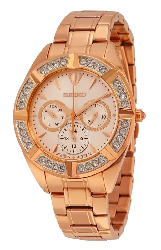 eco-conscious watches for men with leather straps -Seiko Rose Gold-Tone Stainless Steel Rose Dial Diamonds Date Quartz Womens Watch SKY680P1