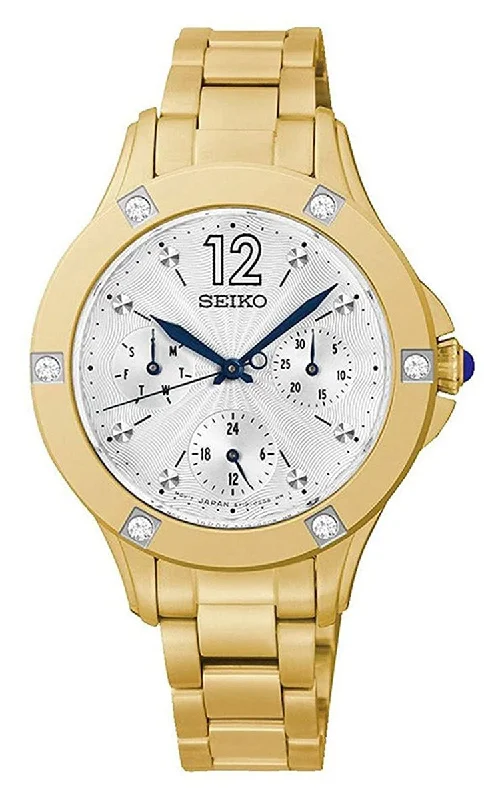 women’s watches with high-quality metal case and leather strap -Seiko Yellow Gold-Tone Stainless Steel Silver Dial Diamonds Date Quartz Womens Watch SKY668P1