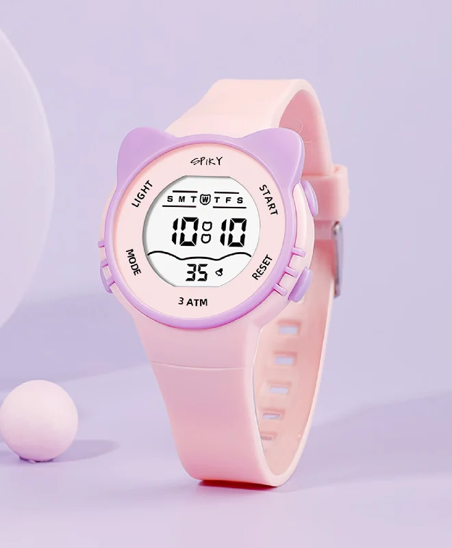 best women's watches with classic silver design -Spiky Round Cat Shaped Sports Digital Watch - Pink