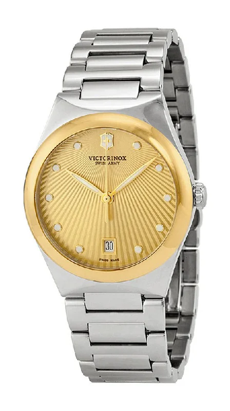 solar-powered men's watches with sport features -Swiss Army Victoria Gold Tone Steel Womens Watch Gold Tone Dial Calendar 241633