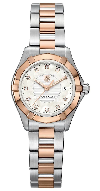 solar-powered watches for women with modern design -TAG Heuer Aquaracer Steel & Rose Gold Mother-of-Pearl Dial Diamonds Date Quartz Womens Watch WAP1451.BD0837