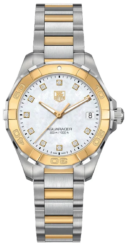 premium watches with luxurious leather bands for men -TAG Heuer Aquaracer Steel & Yellow Gold Mother-of-Pearl Dial Diamonds Date Quartz Womens Watch WAY1351.BD0917