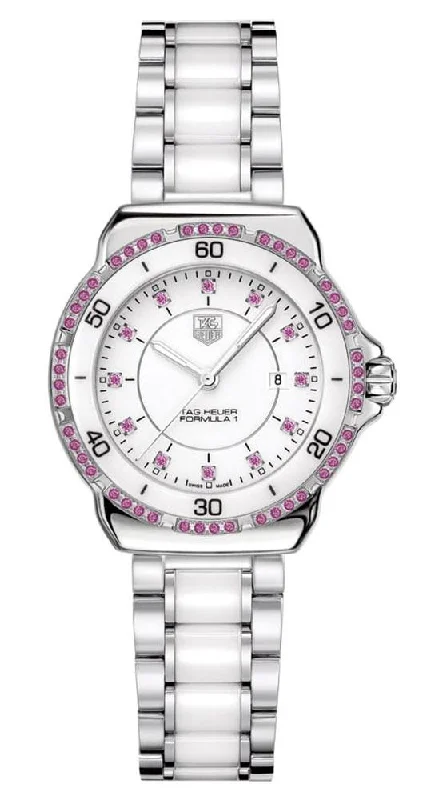 men's smartwatches with health and fitness features -TAG Heuer Formula 1 Steel & Ceramic White Dial Date Pink Sapphire Bezel Quartz Womens Watch WAH1319.BA0868