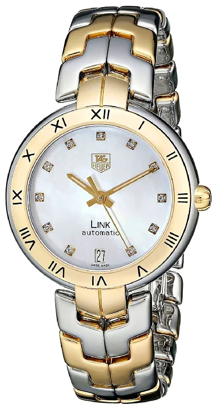 fashion watches for women with colorful faces -TAG Heuer Link Automatic Yellow Gold and Steel Mother-of-Pearl Dial Diamonds Date Womens Watch WAT2351.BB0957