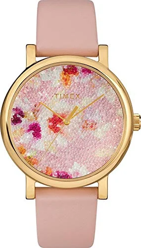 best watches for women with minimal dial and thin case -Timex Women's TW2R66300 Crystal Bloom Pink/Gold Floral Leather Strap Watch