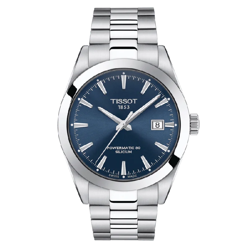 watches for men with black dial and silver hands -Tissot Gentleman Powermatic 80 Silicium