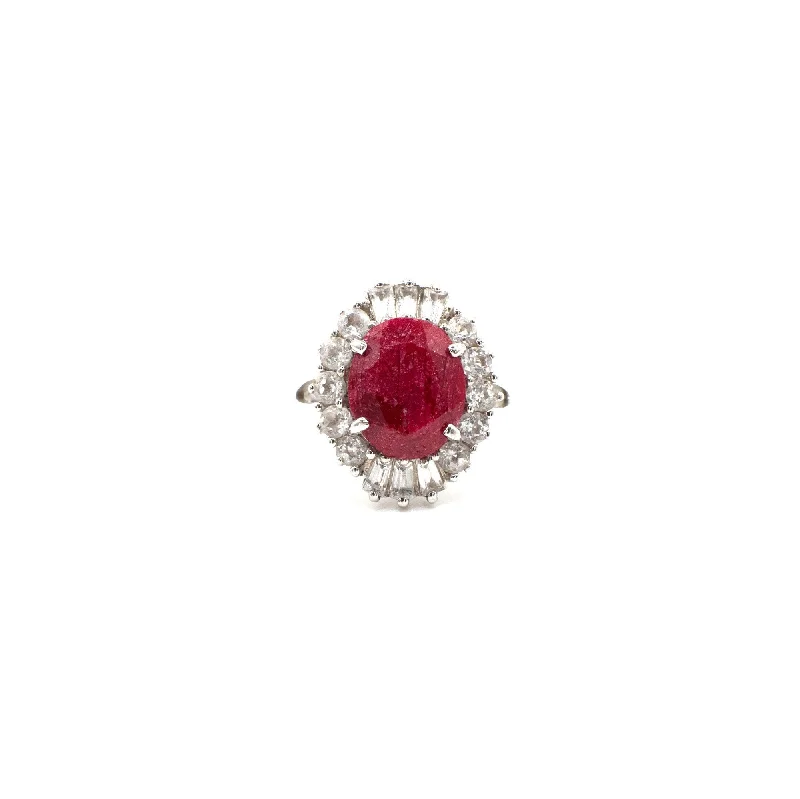 luxury engagement rings with rubies-Vintage Genuine Ruby and White Topaz Sterling Silver Cocktail Ring