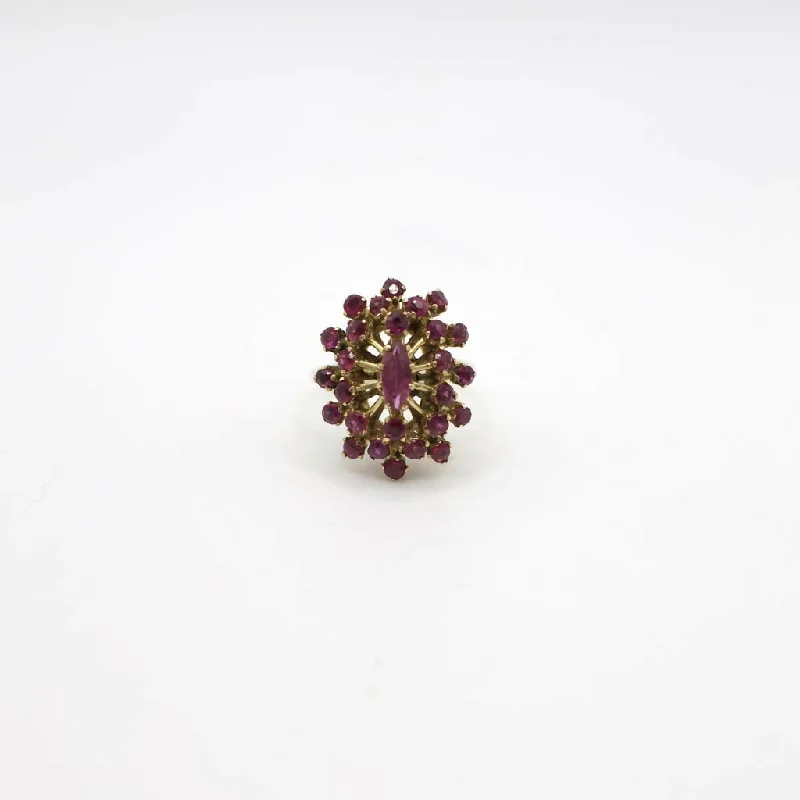 vintage wedding rings with multi-stones-Vintage Genuine Ruby and 14K Yellow Gold Cluster Cocktail Ring