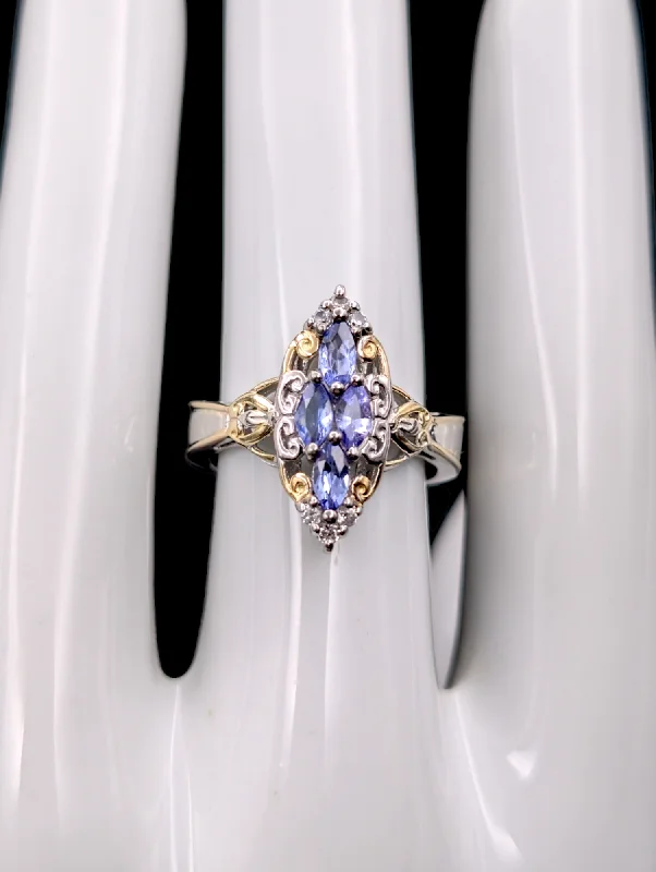 women’s engagement rings with diamonds and emerald stones-Vintage Inspired Cluster Genuine Tanzanite and White Topaz 14k Gold Vermeil Sterling Silver 925 Ring