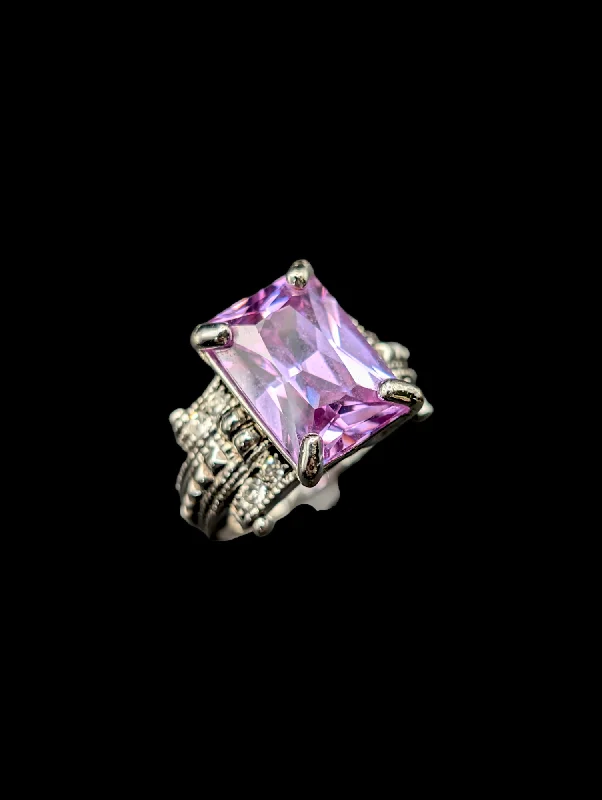 custom rings with engraving for couples-Vintage Inspired Simulated Amethyst and Crystal Best Silver Ring