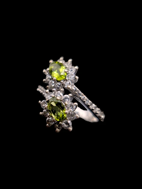 silver engagement rings for couples-Vintage Starburst Double Genuine Peridot and White Topaz Halo Sterling Silver Ring